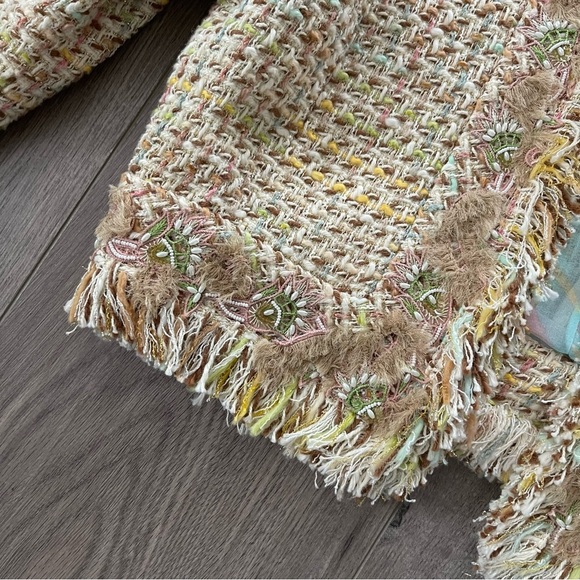 Cynthia Rose Cream Tweed Colorful Fringe Embroidered Coat - Picture 2 of 6